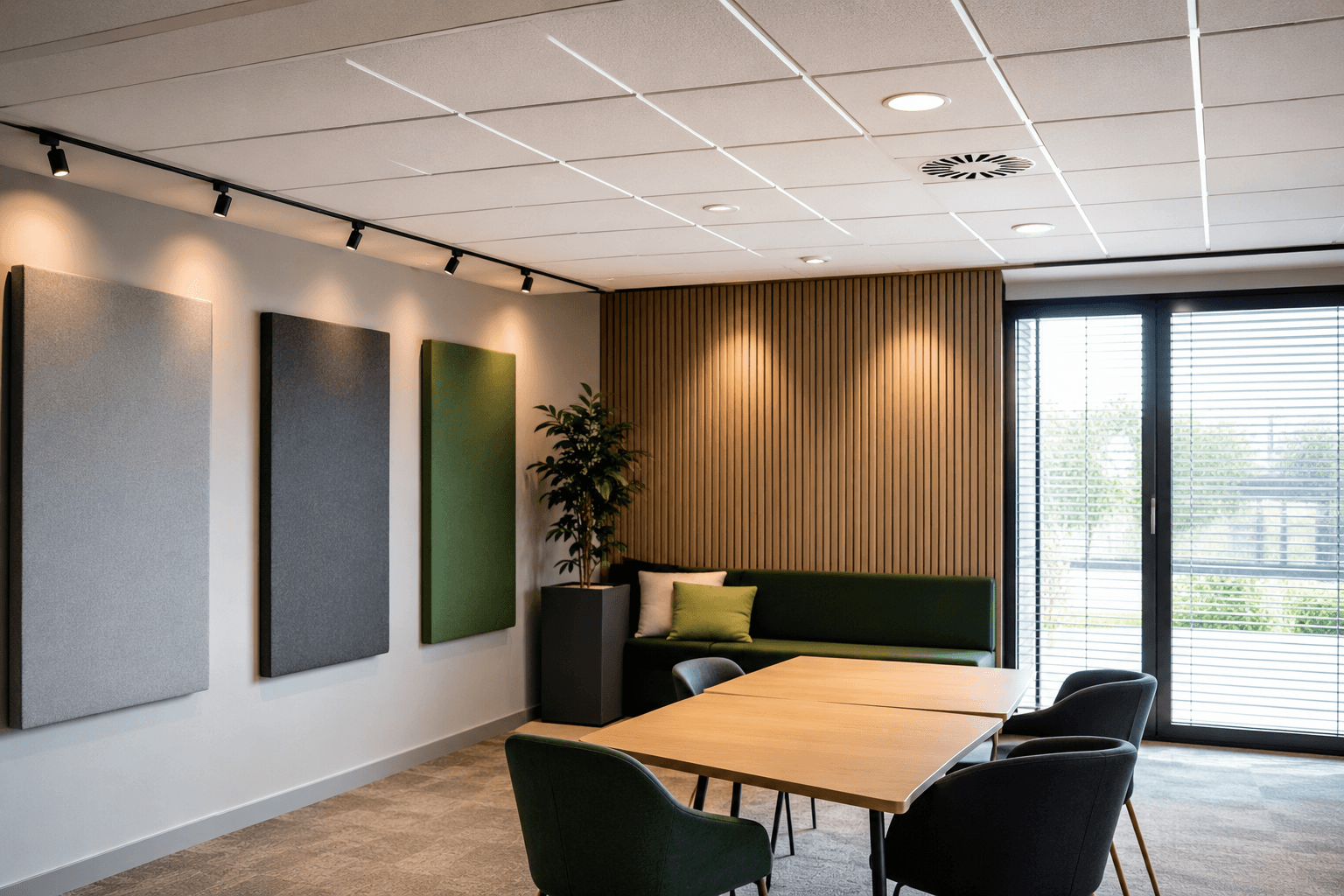 Moderne kantoorruimte met akoestische wandpanelen, houten lattenwand en systeemplafond voor optimale geluidsabsorptie en geluidsdemping